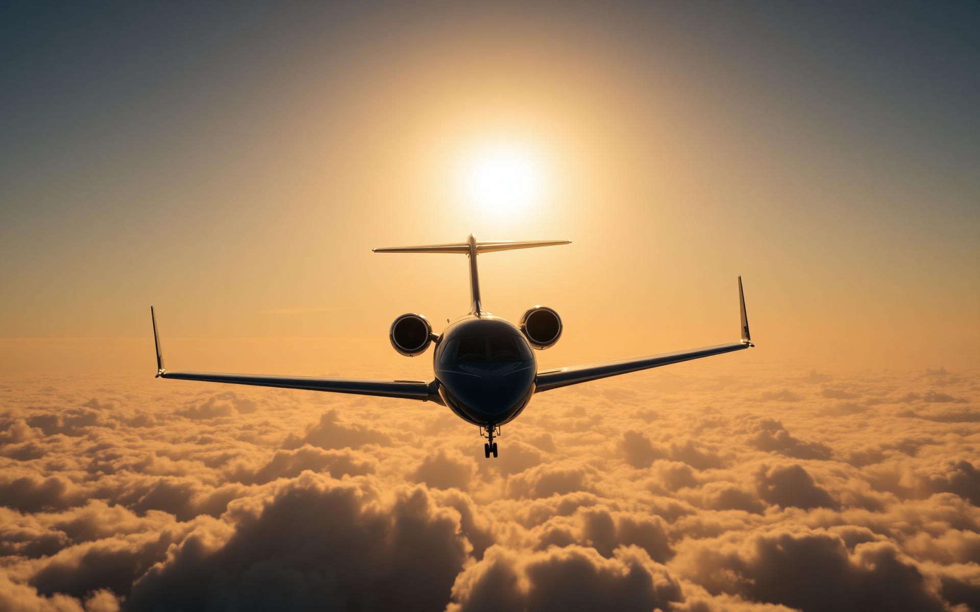 Business jet above the clouds at dawn